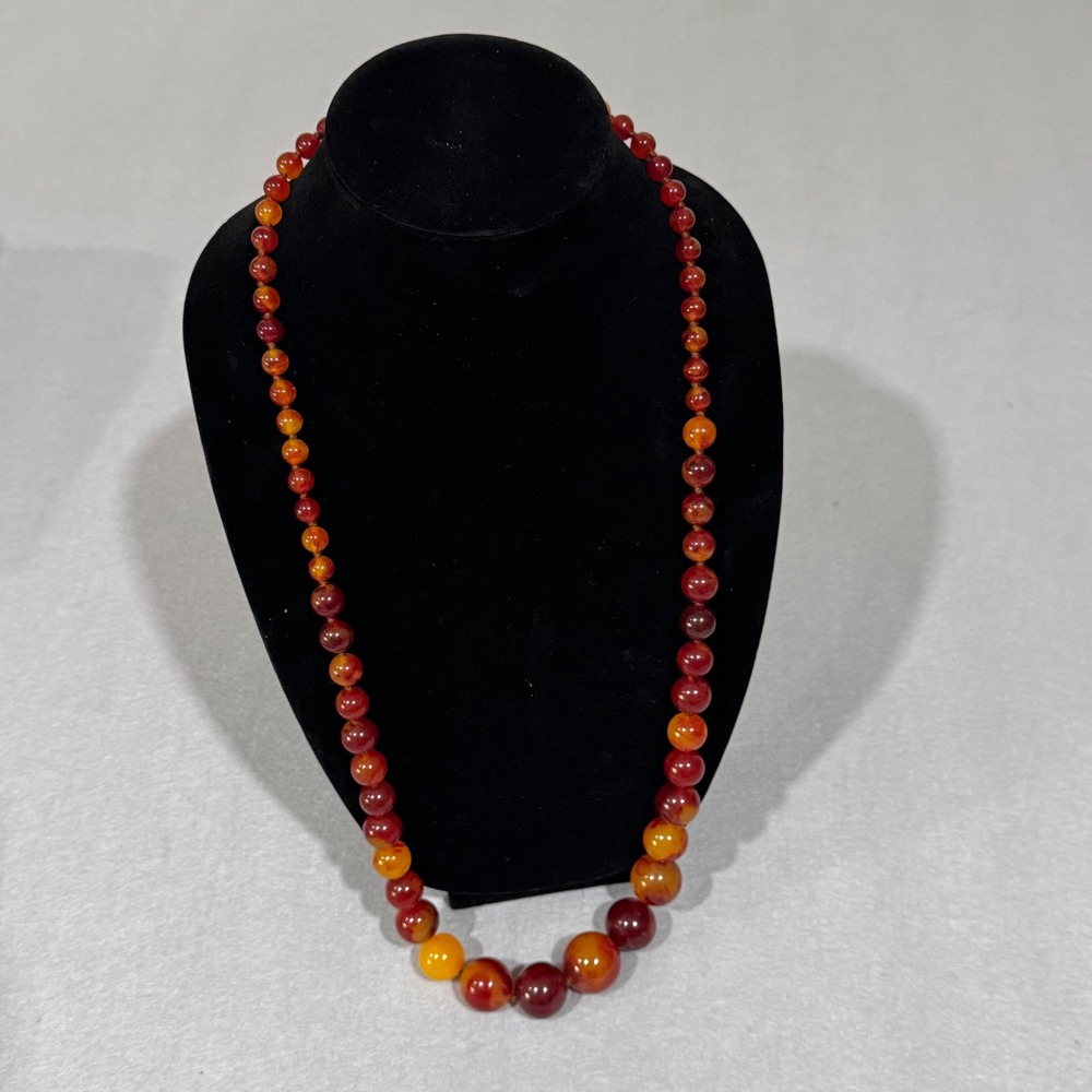 Bakelite Statement Necklace Women Amber Marbled Graduated Bead 32 Inch Vintage